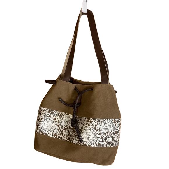 Ella & Elly Brown Canvas Drawstring Shoulder Bag with Floral Motif - Picture 1 of 9